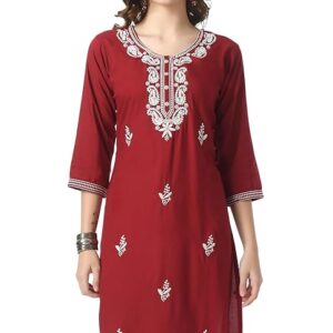 LIBOZA Kurta for Women – Lakhnowi Chikankari Embroidered Ladies Kurti, Stylish Girls Top, Ethnic Full Kurtas, Straight Design Kurtis for Woman